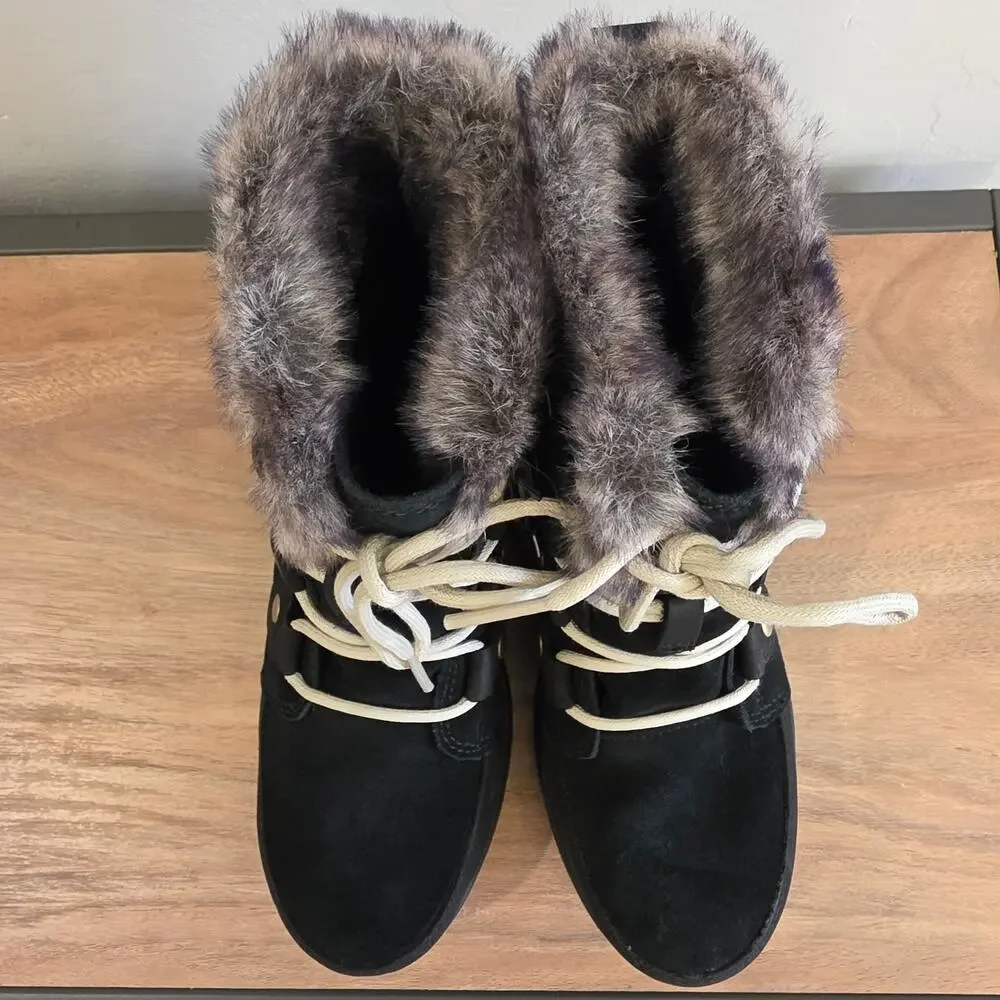 SOREL Explorer Joan Black Suede Waterproof Winter Boots Faux Fur Women Size 6.5